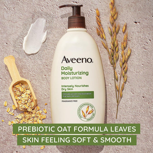 aveeno daily moisturizing body lotion for dry skin, 18 fl oz, paraben free, fragrance free