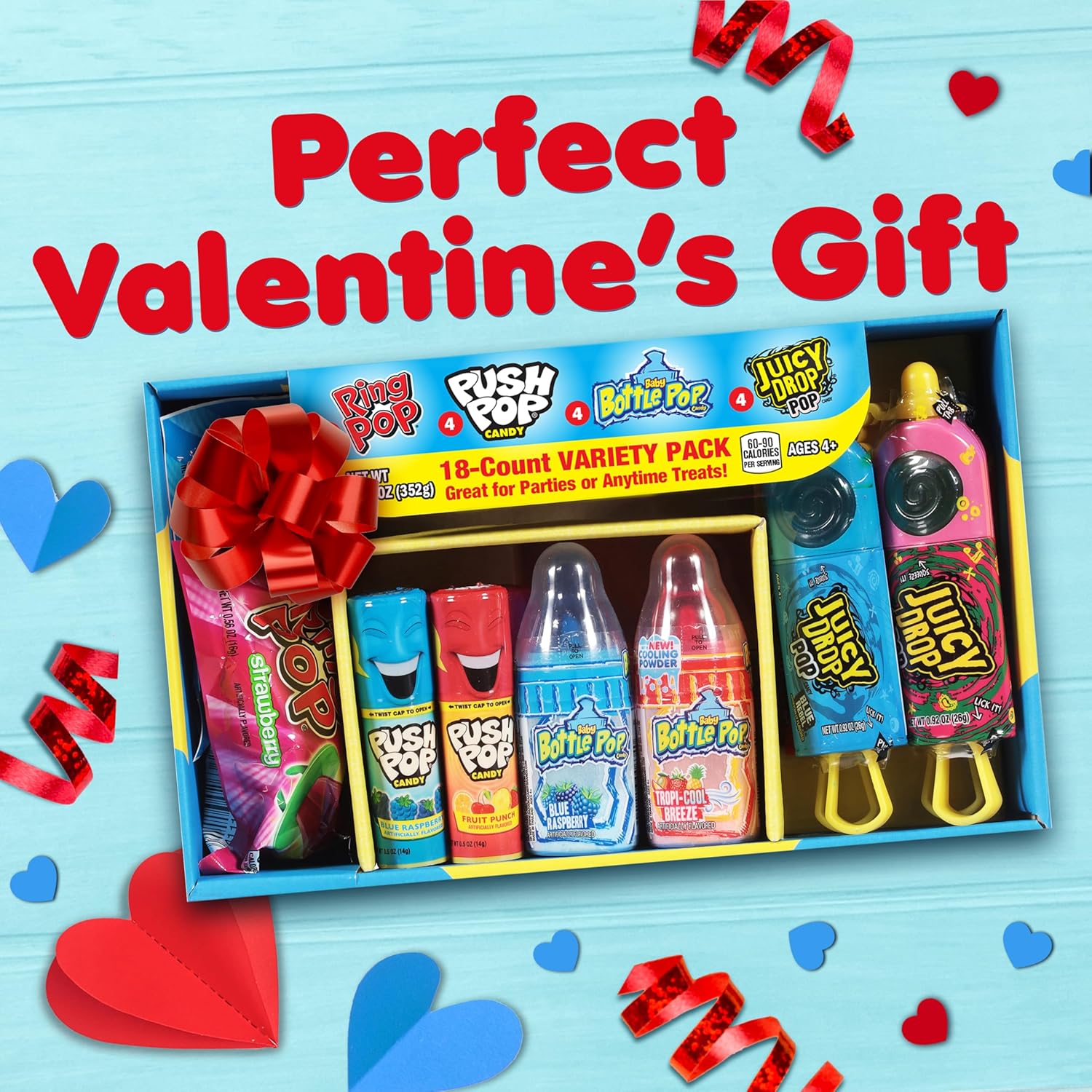 Bazooka Lollipops, 18-Count Assorted Valentine's Candy Variety Pack, Individually Wrapped Lollipops for Parties and Gifts