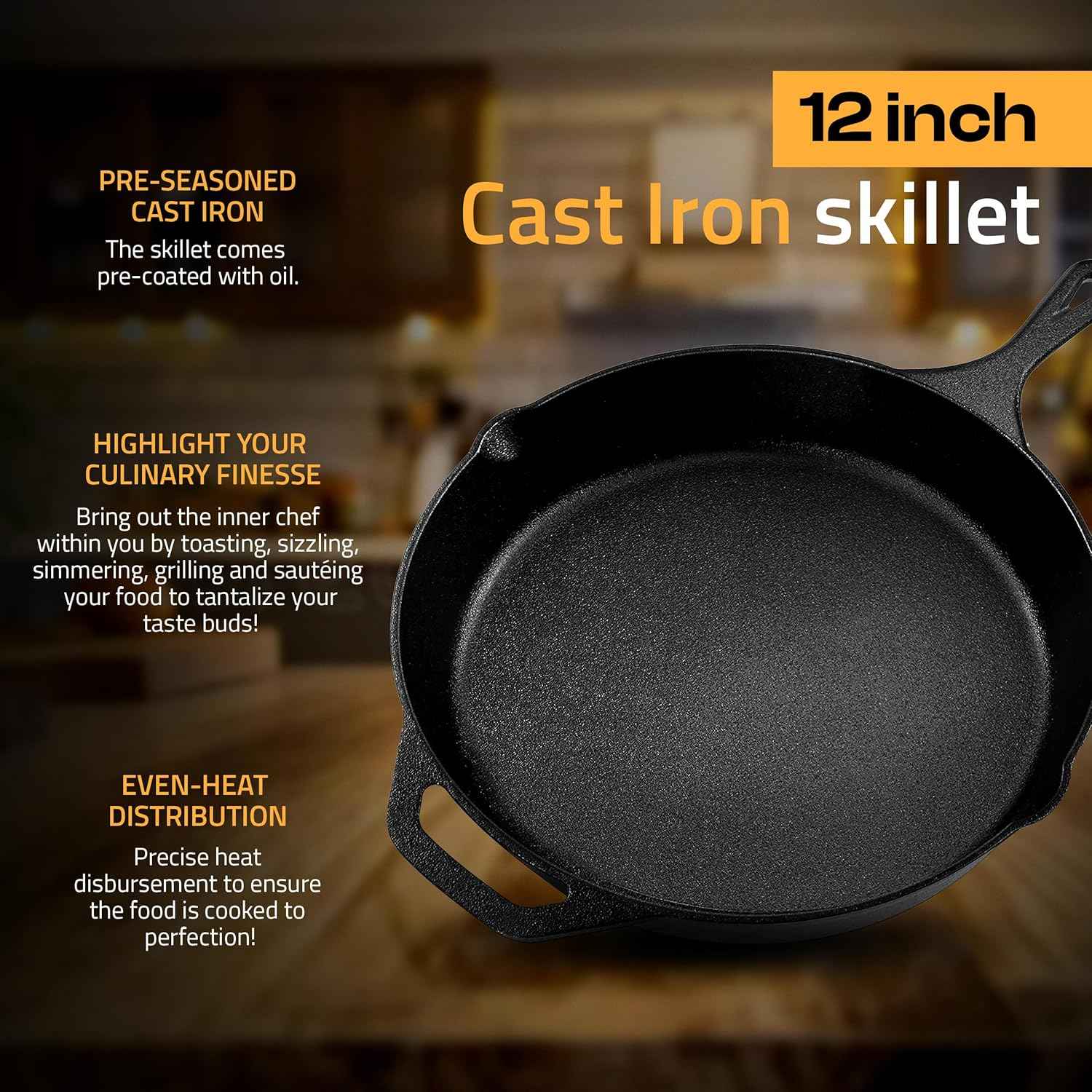 Utopia Kitchen Cast Iron Skillets 12 Inch, Chef's Pan, Pre-Seasoned Frying Pan, Stovetop, Oven, Campfire and Grill Large Skillet, Even Heat Distribution Multipurpose Cast Iron Pan - Black