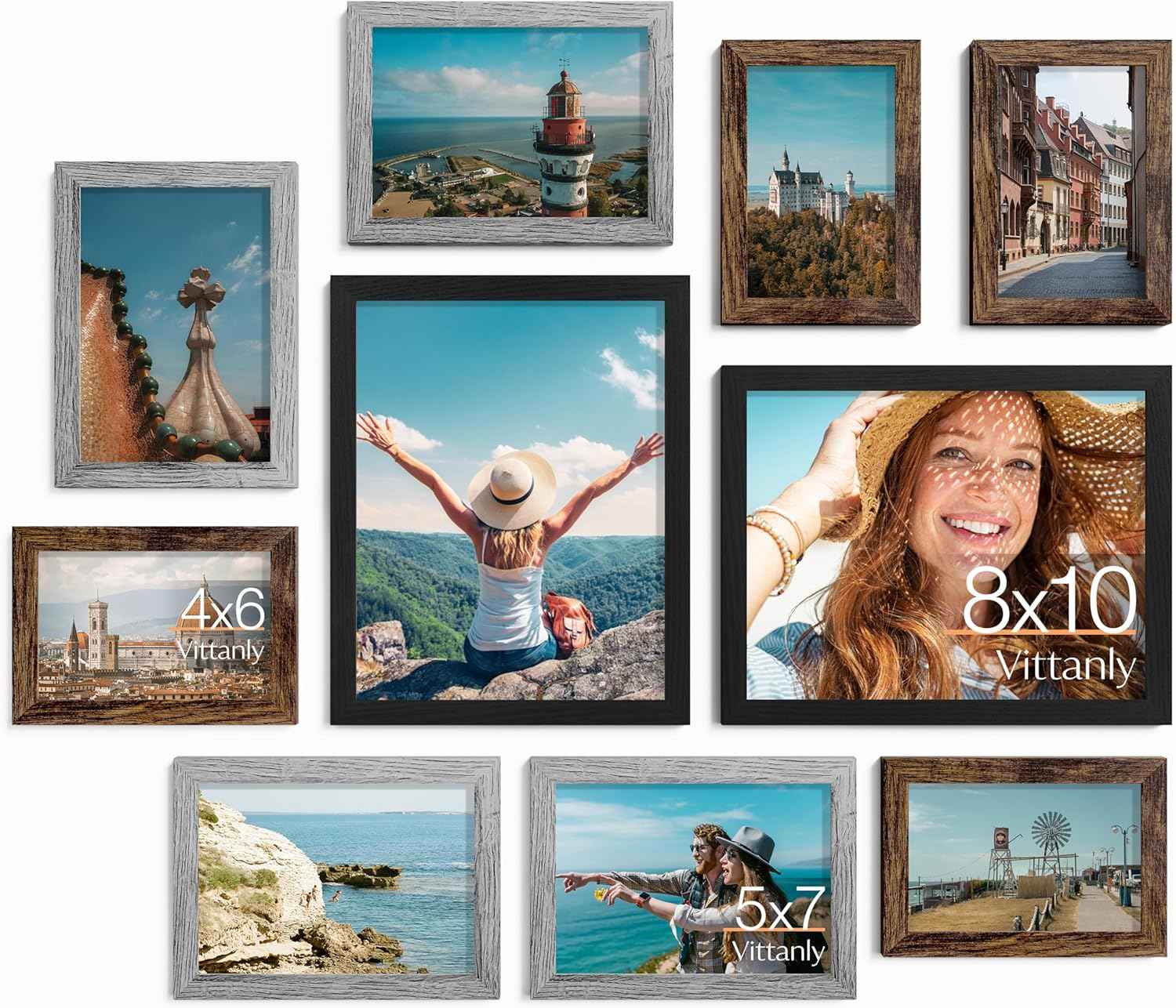 Vittanly 10 Pack Picture Frames Collage Wall Decor, Gallery Wall Frame Set for Wall or Tabletop Display, Engineered Wood and Shatter-resistant Plexiglass, Multi Sizes with 8x10, 5x7, 4x6 Frames, Black