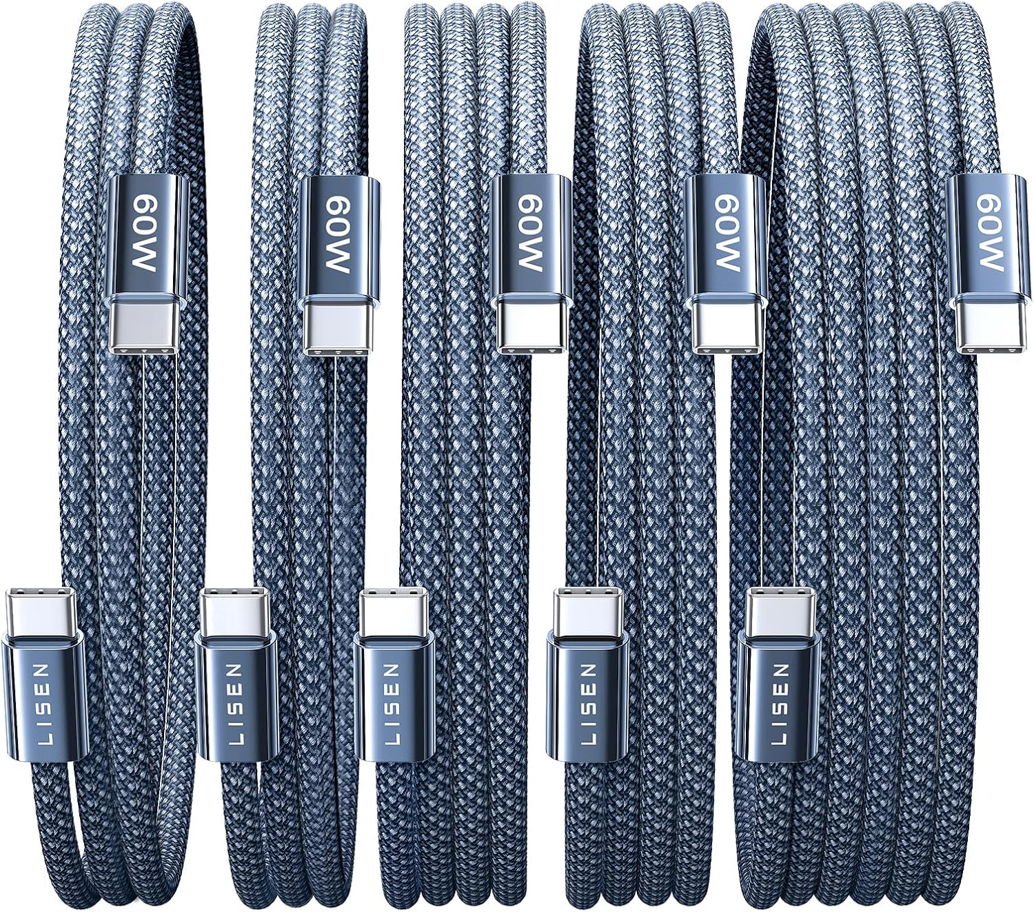 Lisen 5-pack usb c to c cable, 60w fast charging, 10ft for iphone 17, ipad, galaxy s25/s24
