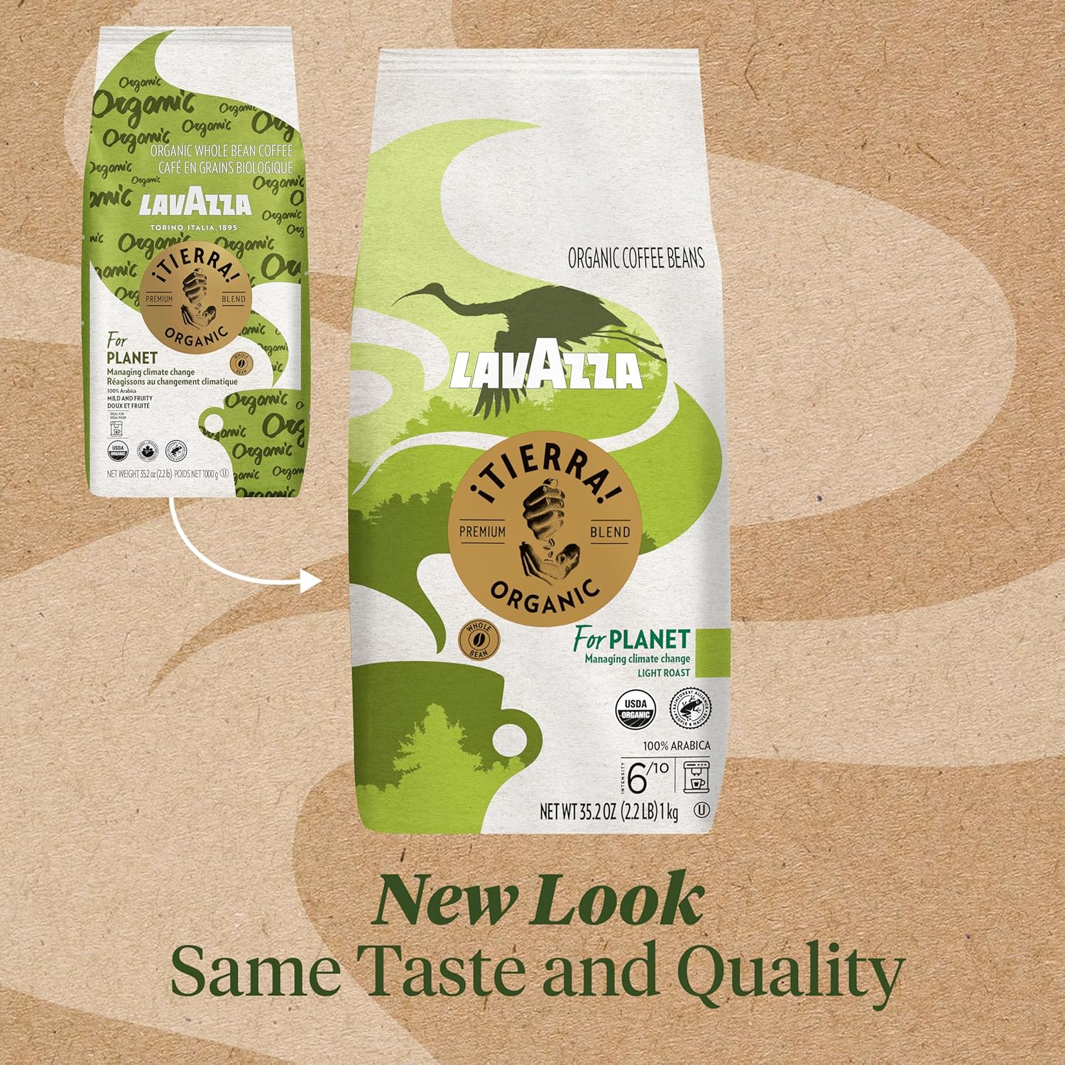 Lavazza ¡Tierra! 100% Arabica Organic Whole Bean Light Roast Coffee, 2.2 lb Bag, Italian Blend