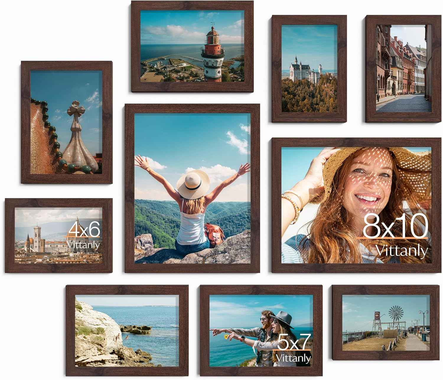 Vittanly 10 Pack Picture Frames Collage Wall Decor, Gallery Wall Frame Set for Wall or Tabletop Display, Engineered Wood and Shatter-resistant Plexiglass, Multi Sizes with 8x10, 5x7, 4x6 Frames, Black