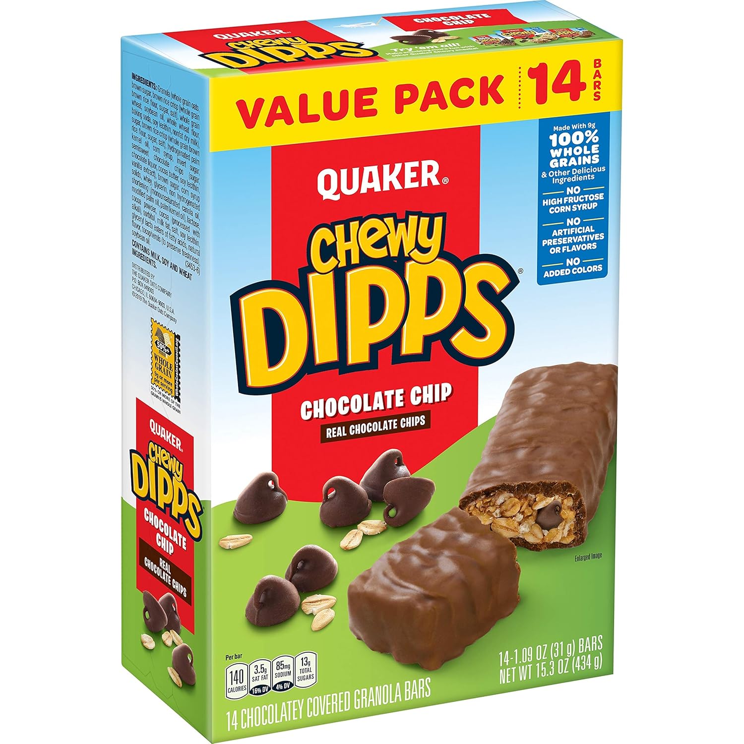 Quaker Chewy Dipps Granola Bars, Chocolate Chip, 14 Count, 1.09 oz, 100% Whole Grains, No Artificial Preservatives