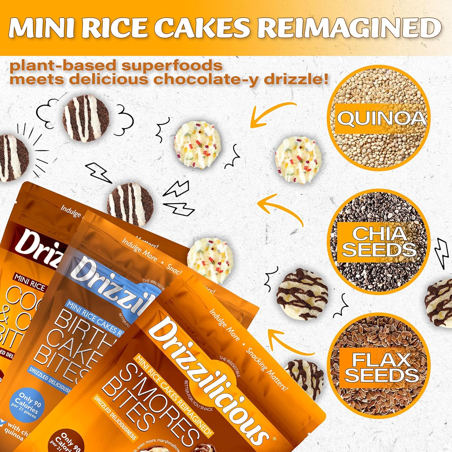 drizzilicious mini rice cakes variety pack, gluten free, vegan, low calorie, perfect snack for adults and kids, 0.74 oz, 12 pack
