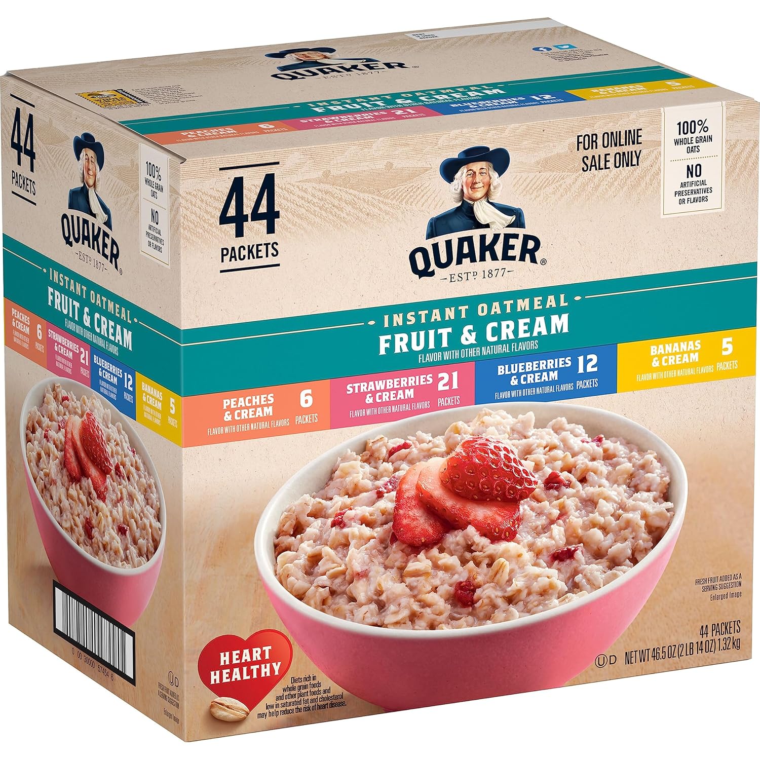 quaker instant oatmeal fruit & cream variety pack, 44 single serve packets, whole grain quaker oats