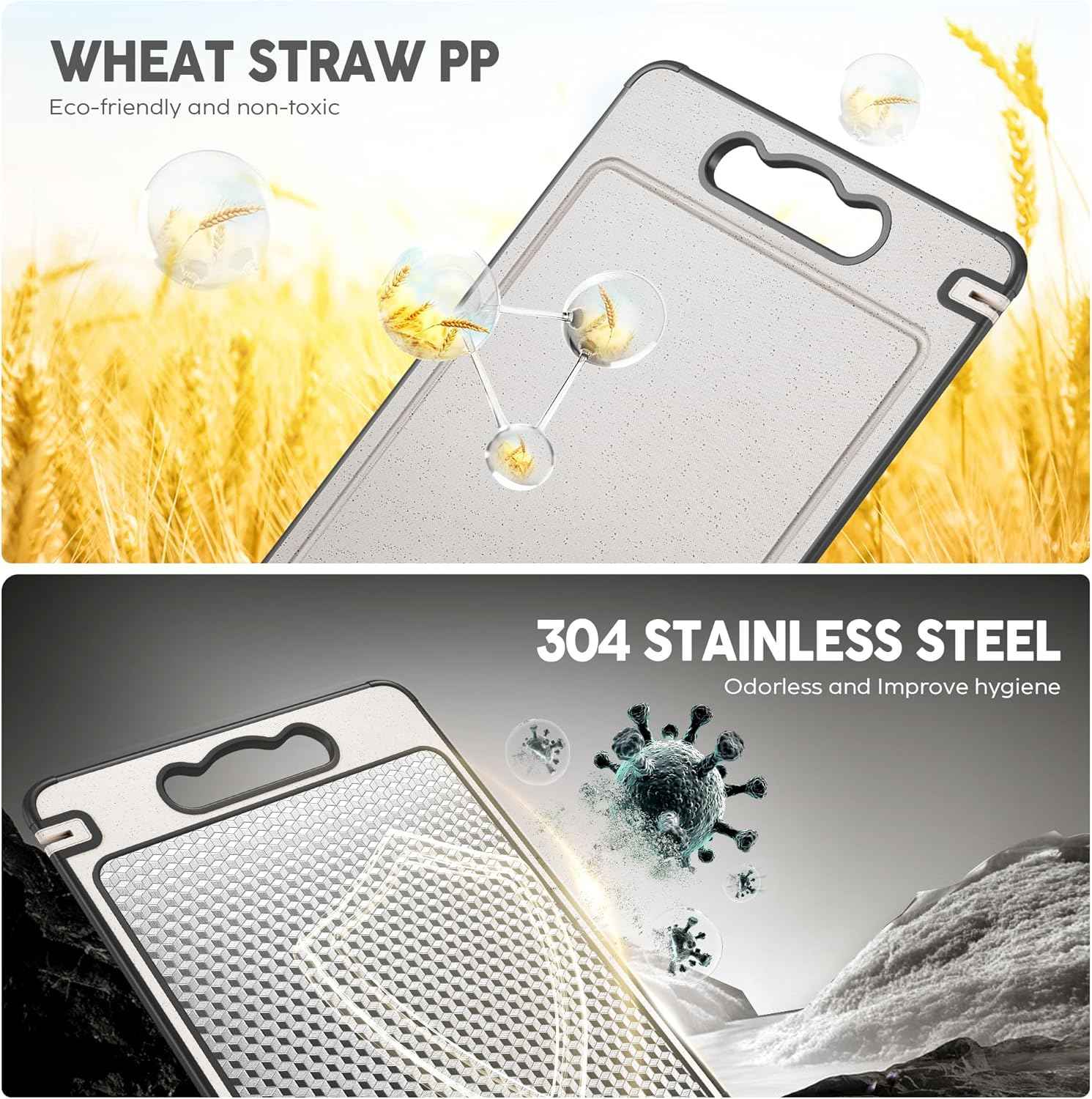 Double Sided 304 Stainless Steel & Wheat Straw Cutting Board, 14.4"*9.8" Non Toxic Chopping Board, Separately Handle Meat and Vegetables, Dishwasher Safe, Scratch Resistant Mesh Design