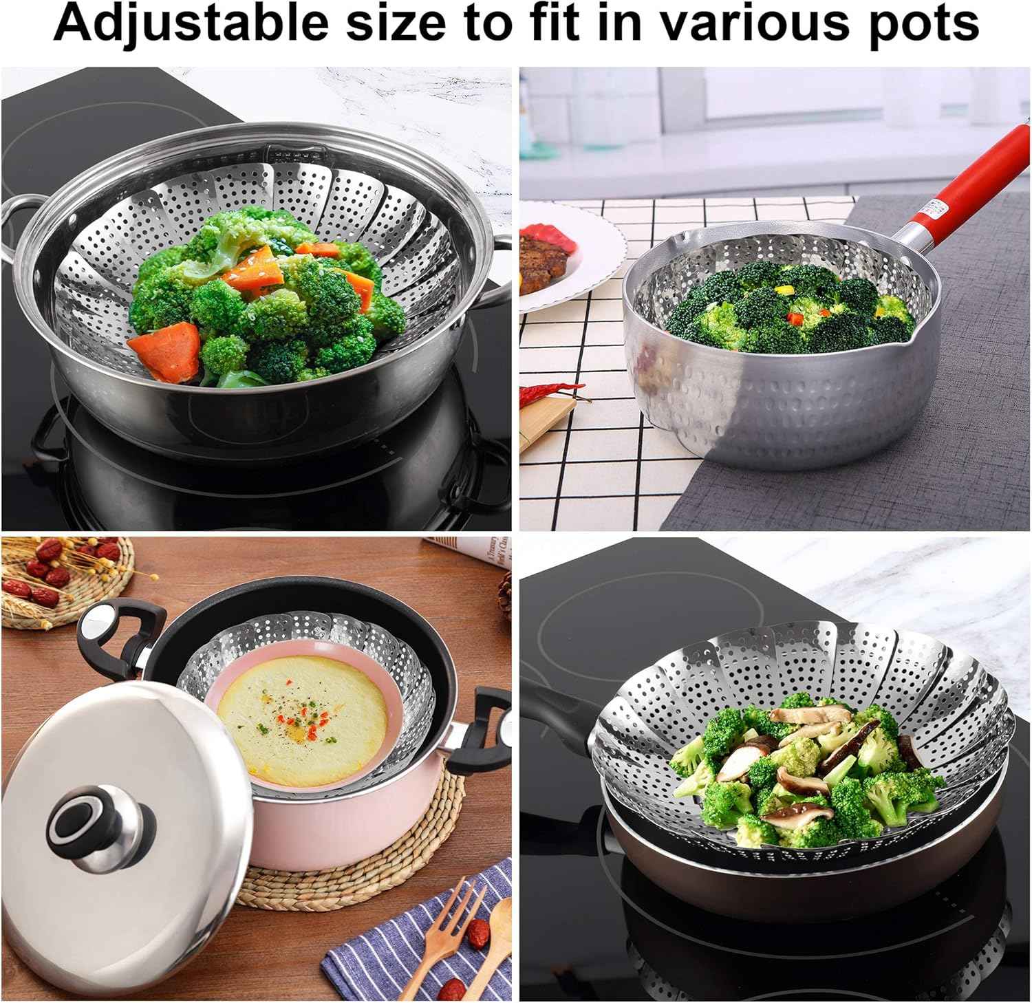Zocy Steamer Basket, Stainless Steel Vegetable Steam Baskets for Steaming Cooking Expandable to Fit Various Size Pot (5.5" to 9.3")