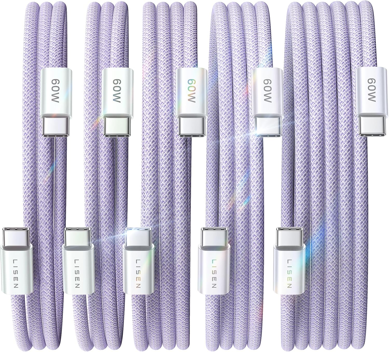 Lisen 5-pack usb c to c cable, 60w fast charging, 10ft for iphone 17, ipad, galaxy s25/s24