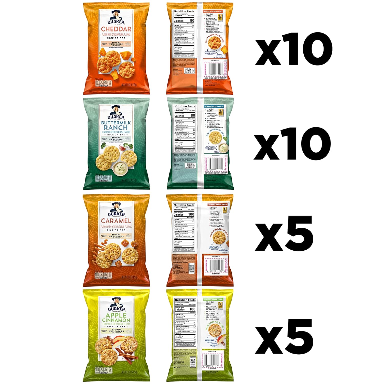 Quaker gluten-free rice crisps, 4 flavor mix, single serve, 30 count