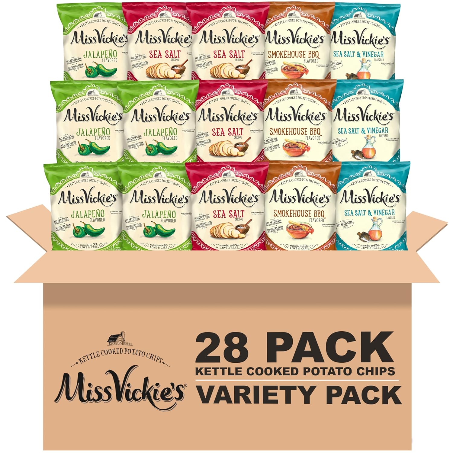 Miss Vickie's Kettle Cooked Potato Chips, Variety Pack, 1.375 Ounce (Pack of 28) with 4 Farm-Inspired Flavors