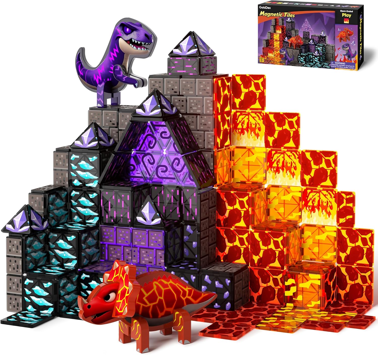 GobiDex Dinosaur Toys Magnetic Tiles Lava Cave Dinosaur World Set - Magnetic Building Blocks for Kids 3-5 5-7 Girls Boys Toys Age 4-6 6-8, STEM Sensory Toddler Birthday Gifts for 3+ Year Old Kids Toy