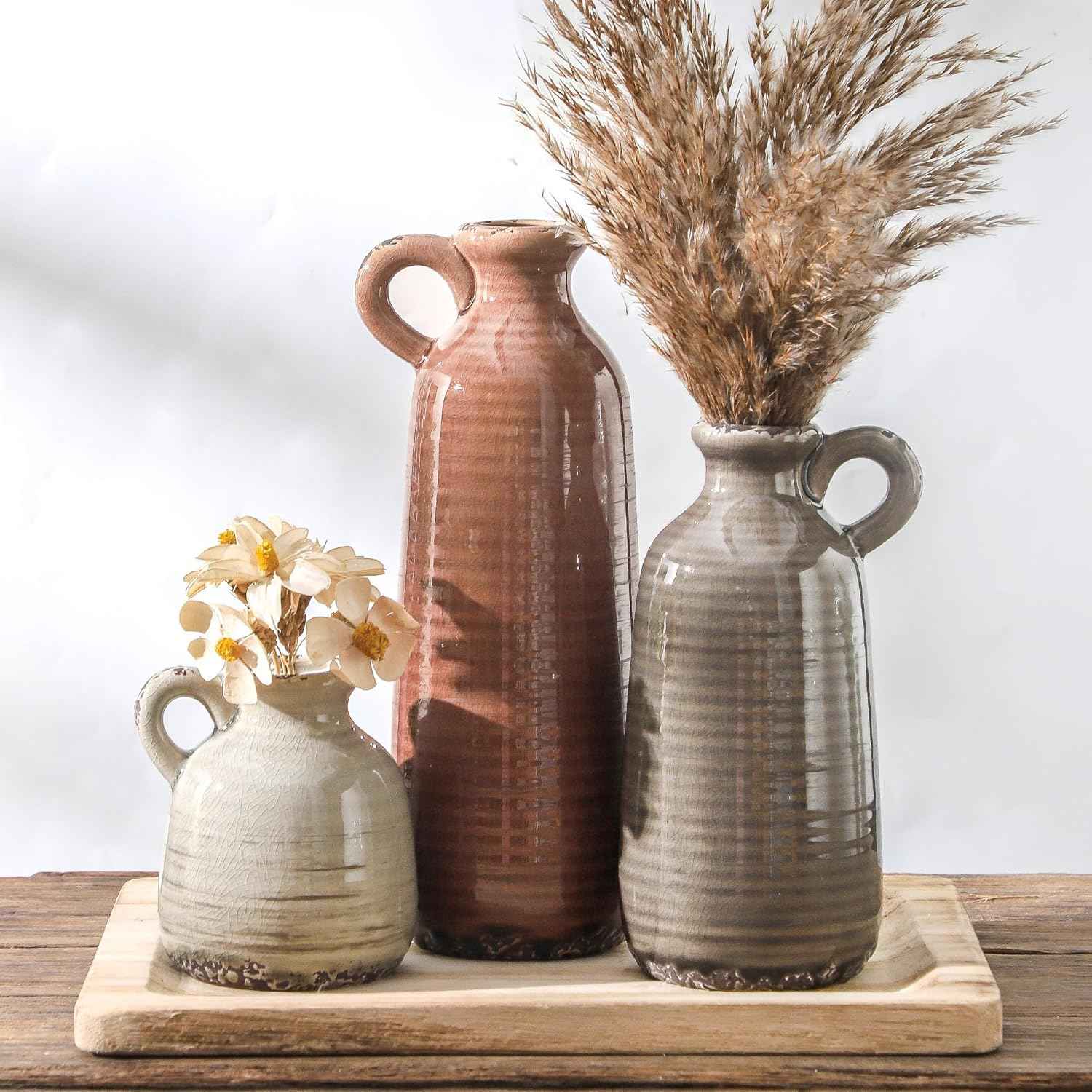 Ceramic Vases Set of 3, Neutral Rustic Farmhouse Vase with Handle, Decorative Flower Vases Home Decor Modern Boho Pampass Vase for Table Mantel Entryway Shelf Living Room Kitchen Bathroom - Brown