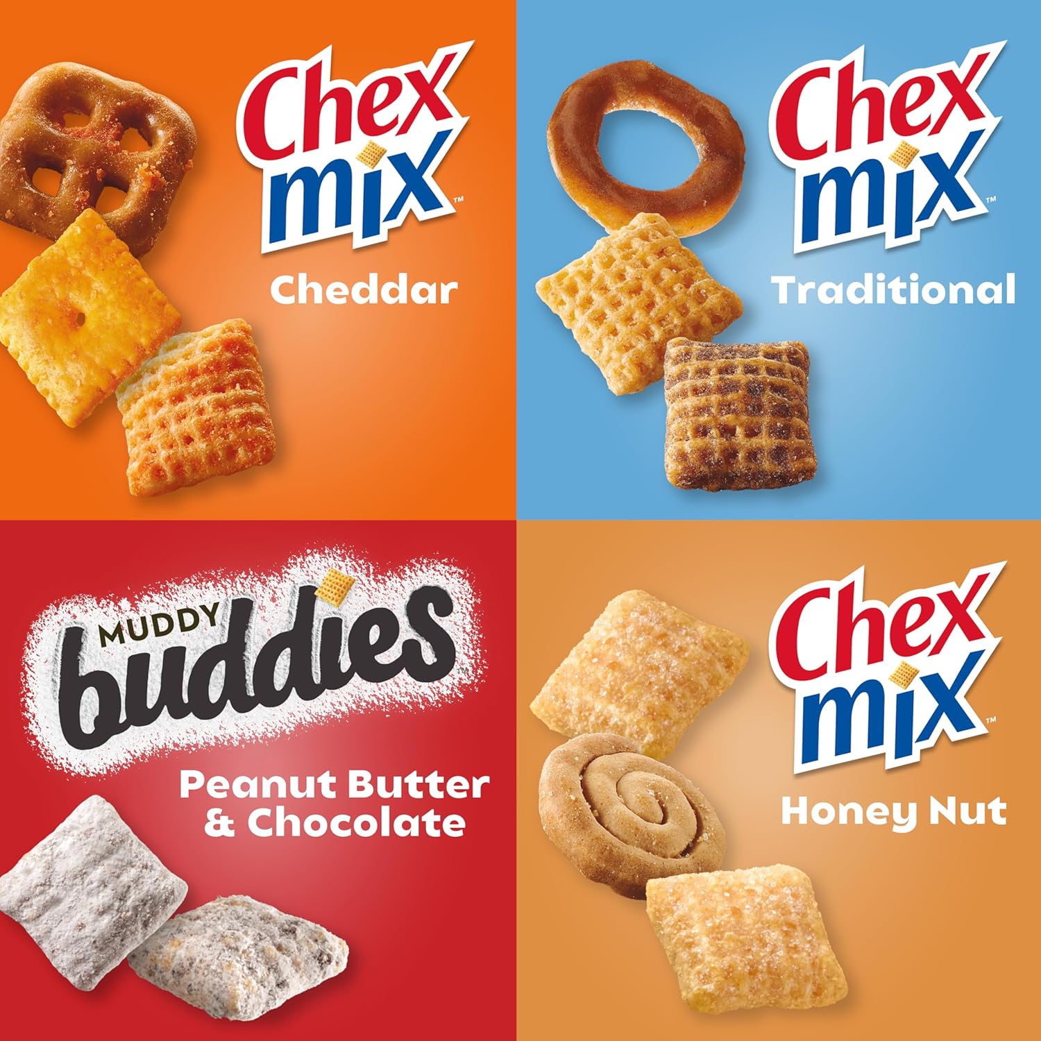 20-count Muddy Buddies and Chex Mix variety pack, 35 oz, sweet and salty snack mix