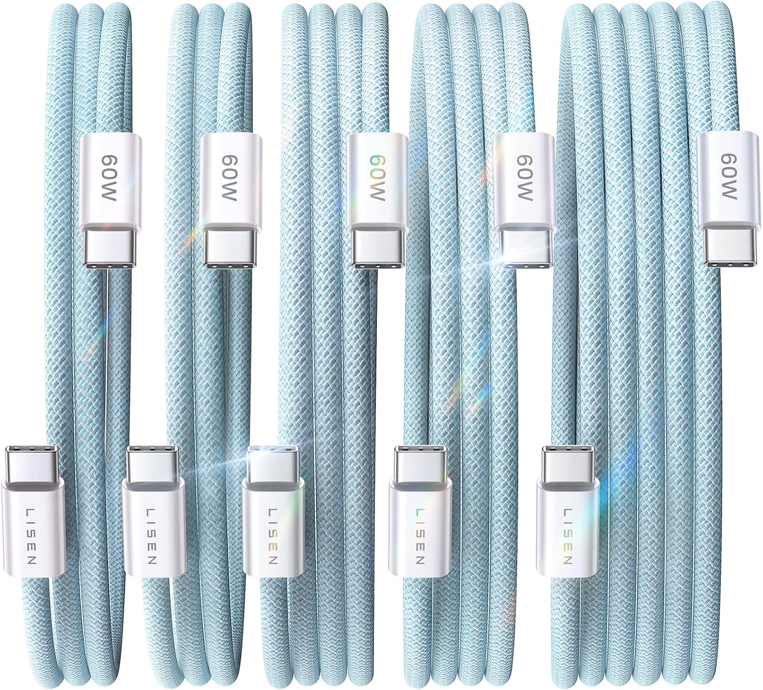 Lisen 5-pack usb c to c cable, 60w fast charging, 10ft for iphone 17, ipad, galaxy s25/s24