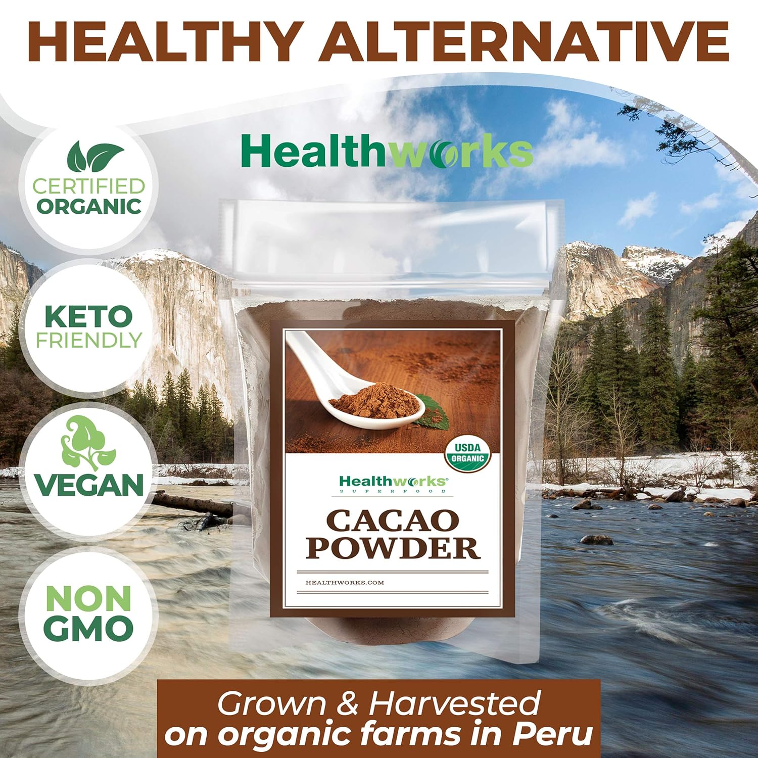 Healthworks organic cacao powder 16 oz 1 lb peruvian bean nut origin sugar free keto vegan non gmo