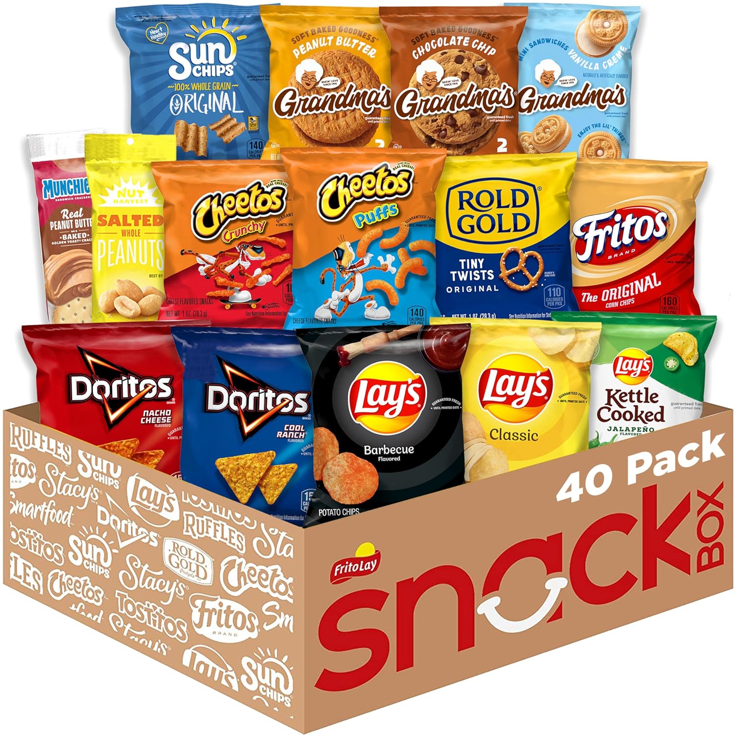 Frito-Lay 40-count snack variety pack, assorted chips, cookies, crackers, and nuts, perfect for snacking and care packages