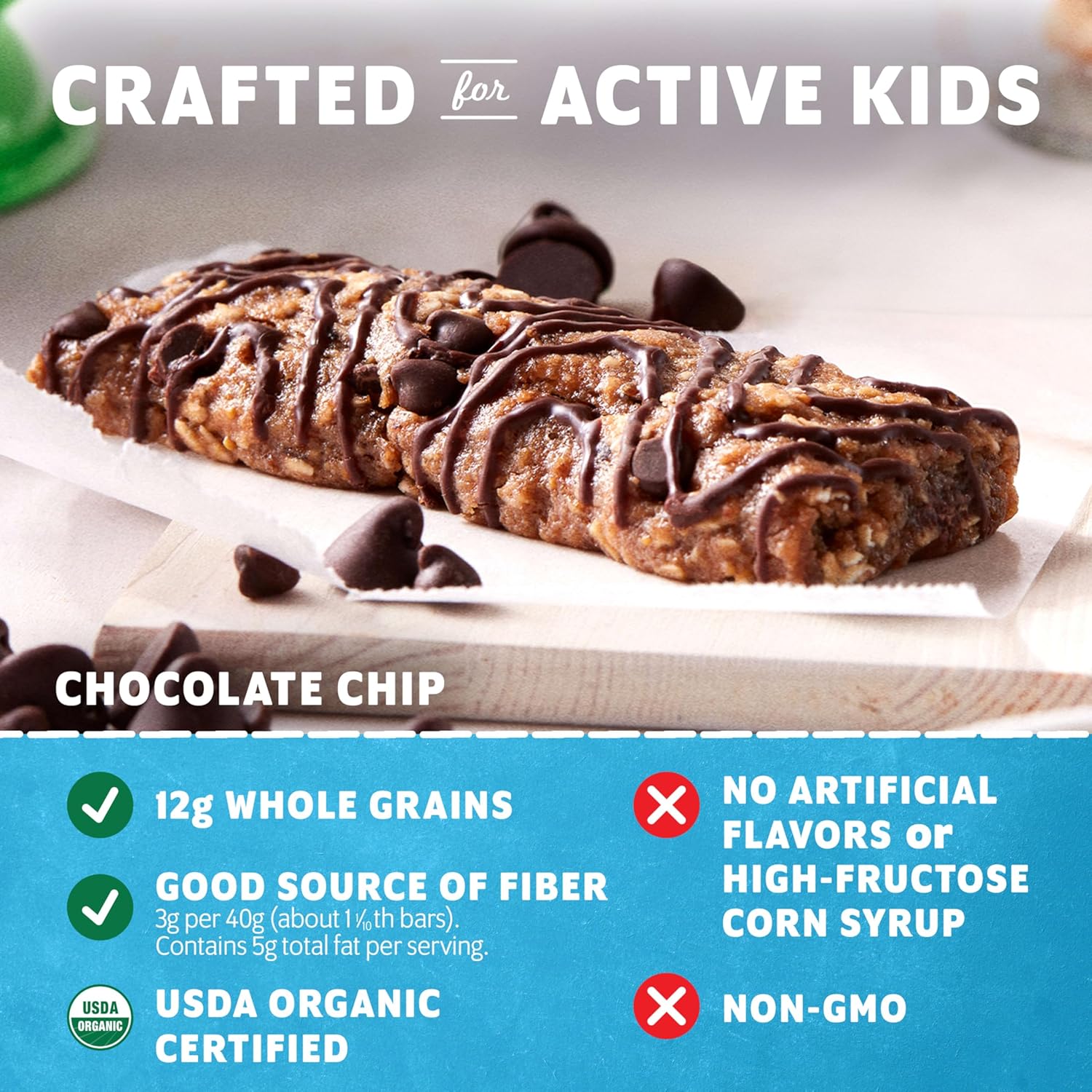 non-gmo usda organic chocolate chip soft-baked granola bars 18-pack 12g whole grains