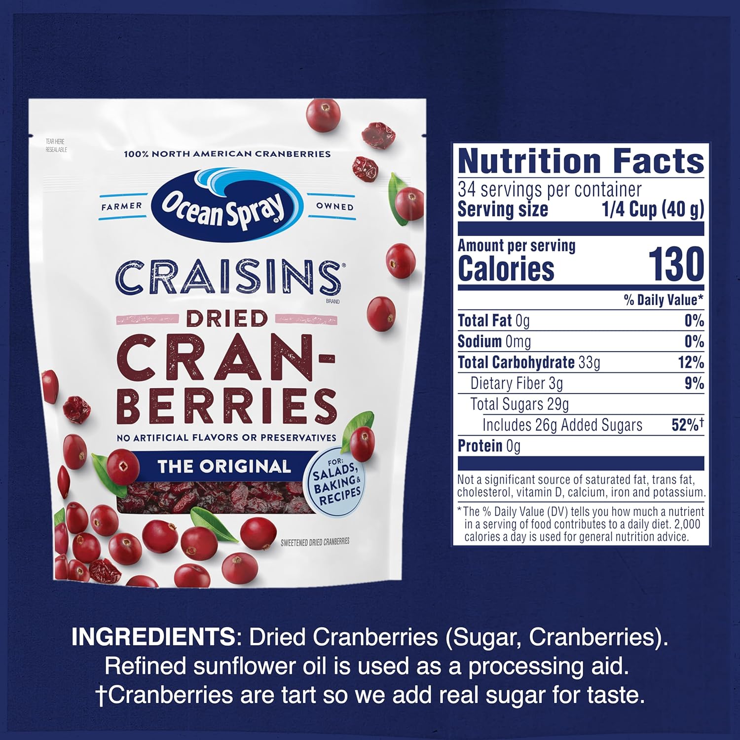 ocean spray craisins original dried cranberries, 48 oz, peanut-free and gluten-free, 100% natural