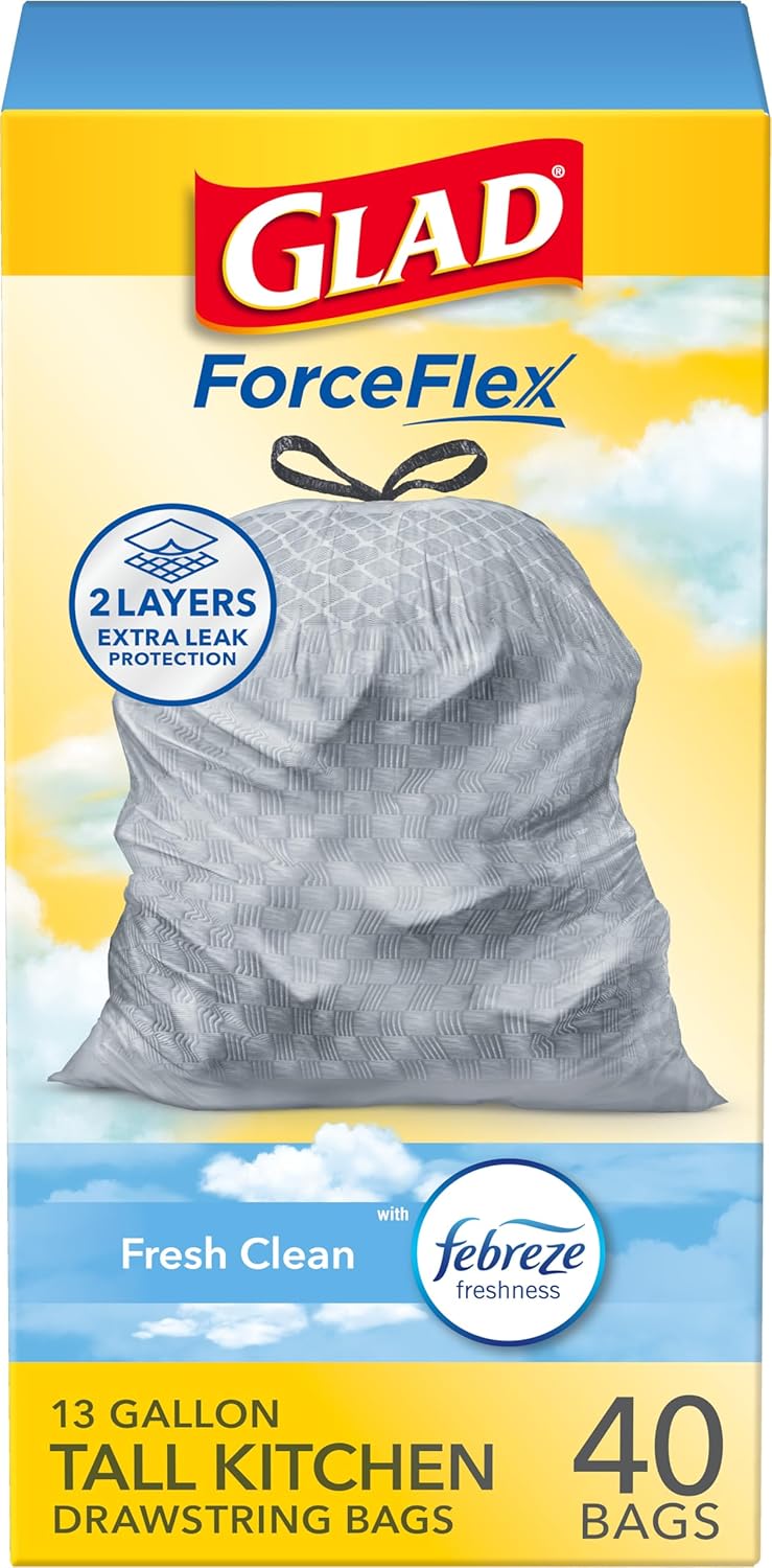 glad forceflex tall kitchen trash bags 13 gallon gain fresh clean scented drawstring garbage bags 40 count